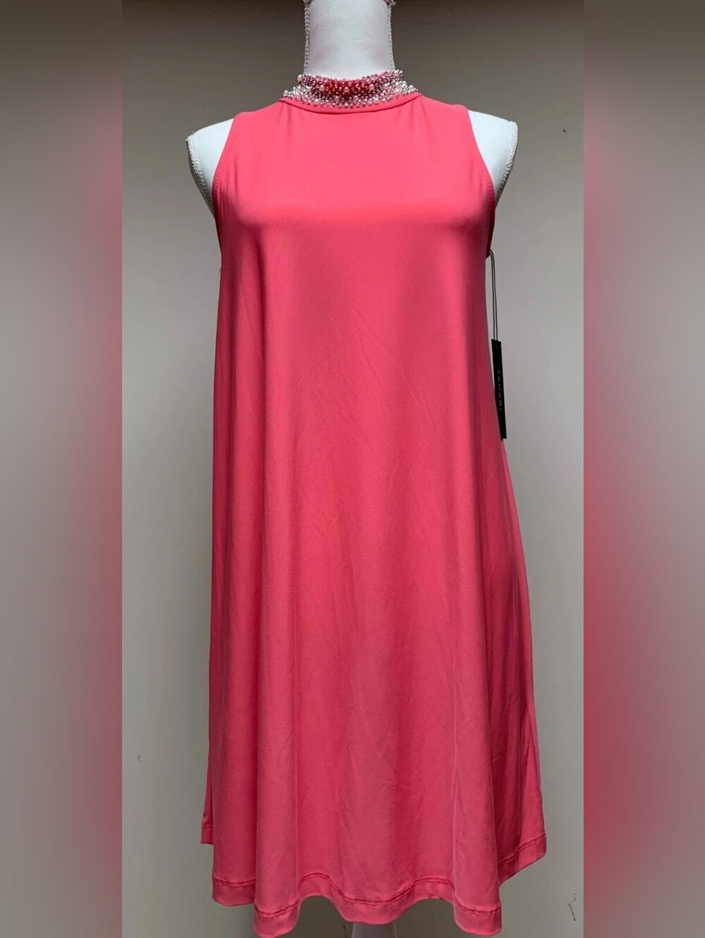 Sleeveless Beaded Neck Coral Pink A-Line Dress